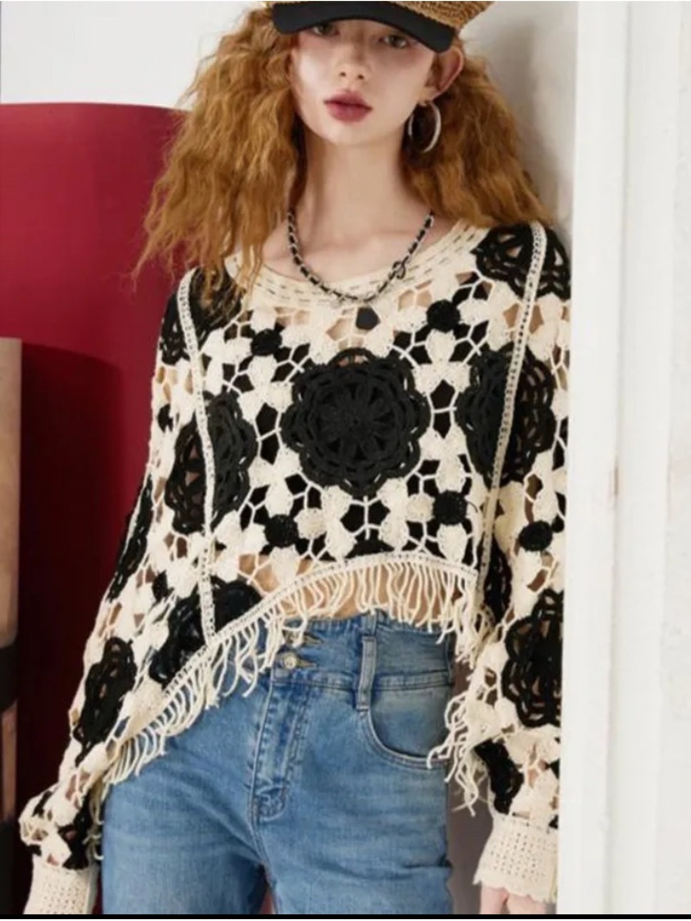 Boho Crochet Fringe Top/Poncho in Cream & Mustard O/S (fits most) - Picture 3 of 4
